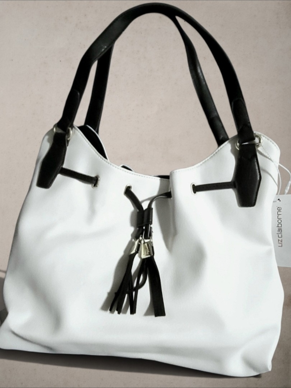 Liz Claiborne White Hobo Tote with Black Trim and Tassel